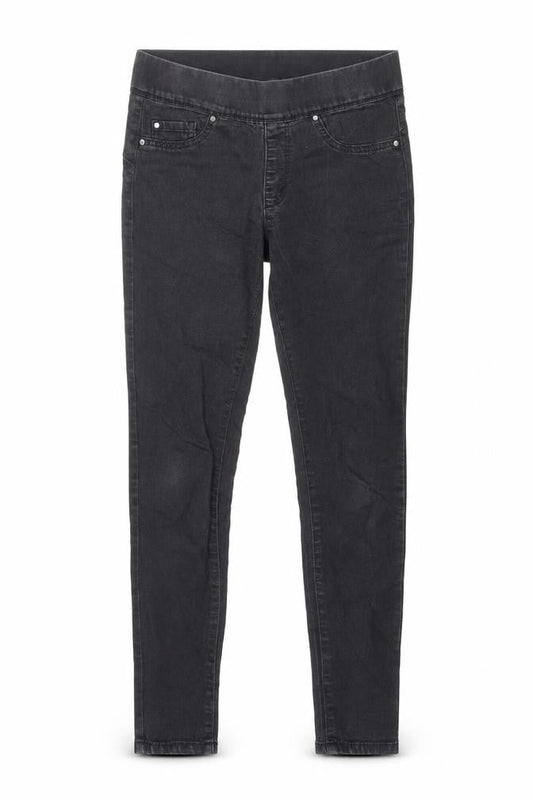 Front view of Denim & Co. women’s black cotton jegging jeans, size UK 10, 25-inch leg regular - elastic waist