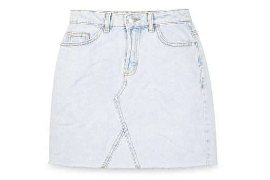 Front view of Denim & Co. women’s blue cotton mini skirt, size UK 6, zip