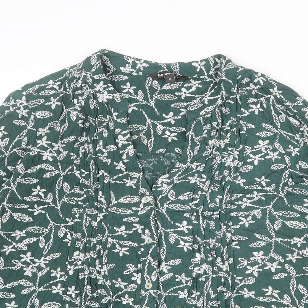 Bonmarché Womens Green Floral Viscose Basic Blouse Size 10 V-Neck - Button-Up