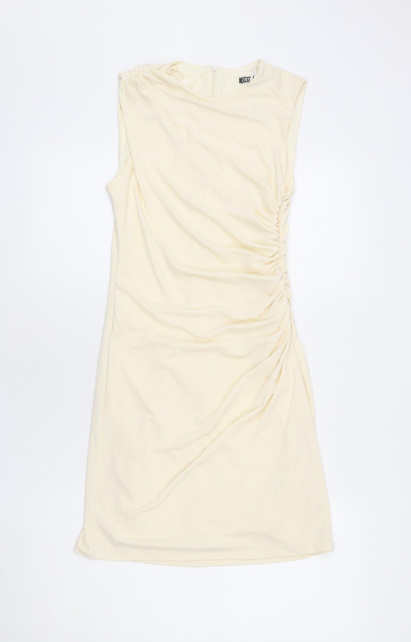 Zara Womens Beige Polyester Bodycon Size S Roll Neck Zip - Ruched Sides