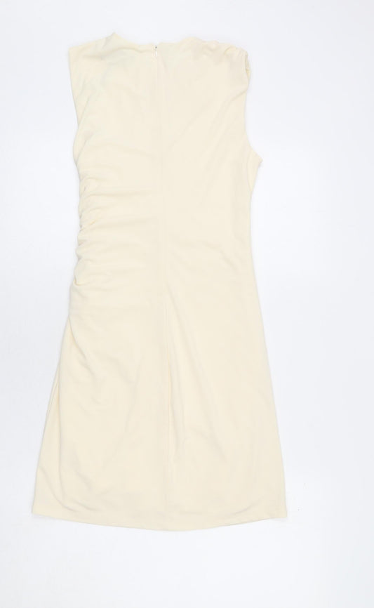 Zara Womens Beige Polyester Bodycon Size S Roll Neck Zip - Ruched Sides