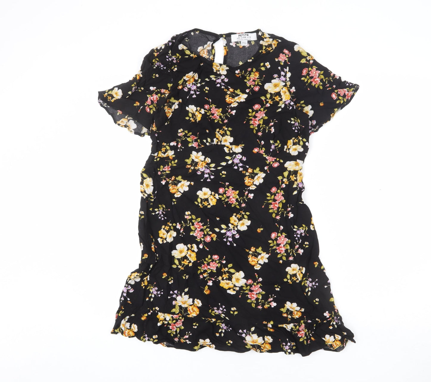 Dorothy Perkins Womens Black Floral Viscose Mini Size 10 Round Neck Button - Flare Bottom