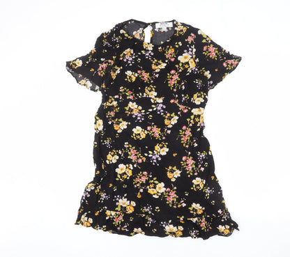 Dorothy Perkins Womens Black Floral Viscose Mini Size 10 Round Neck Button - Flare Bottom