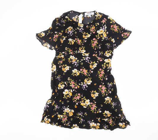 Dorothy Perkins Womens Black Floral Viscose Mini Size 10 Round Neck Button - Flare Bottom