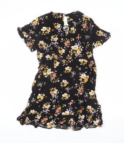 Dorothy Perkins Womens Black Floral Viscose Mini Size 10 Round Neck Button - Flare Bottom