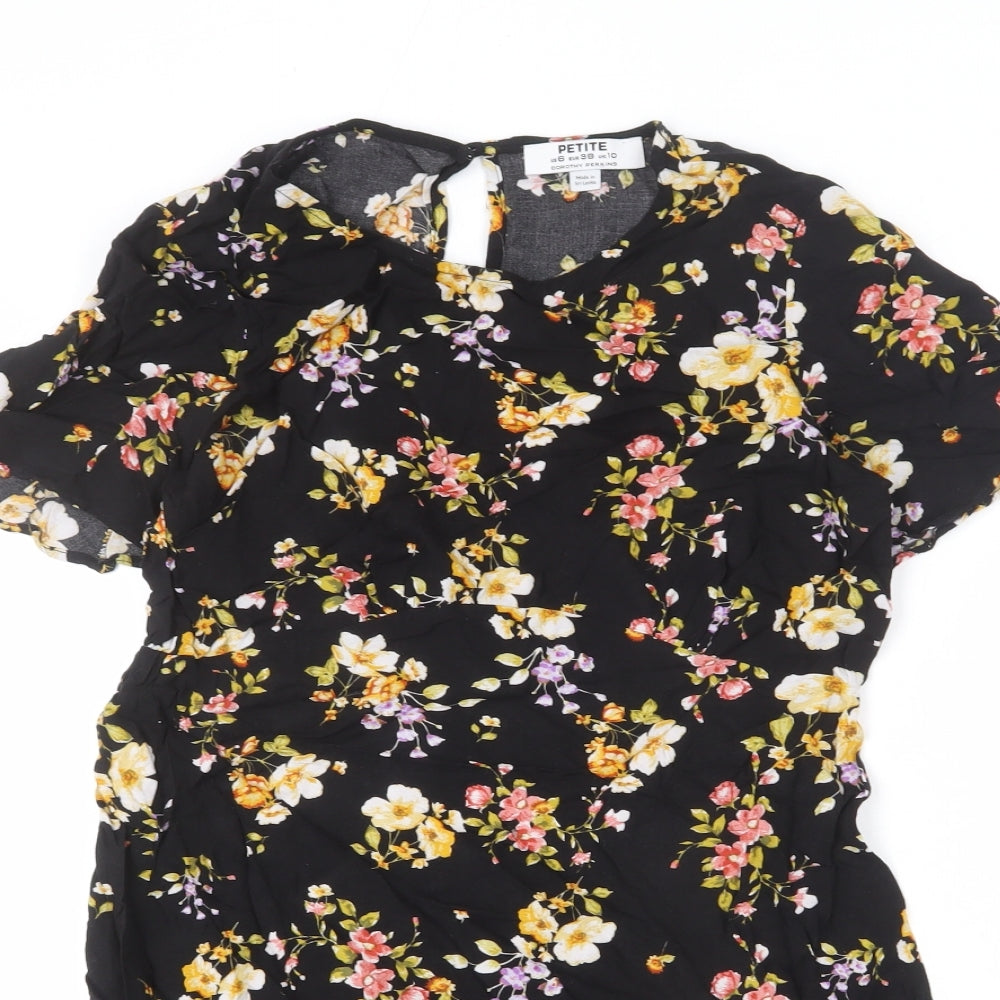Dorothy Perkins Womens Black Floral Viscose Mini Size 10 Round Neck Button - Flare Bottom
