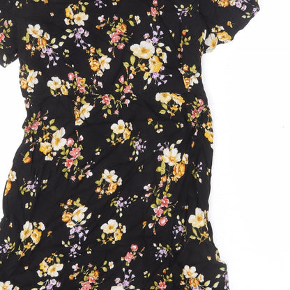 Dorothy Perkins Womens Black Floral Viscose Mini Size 10 Round Neck Button - Flare Bottom