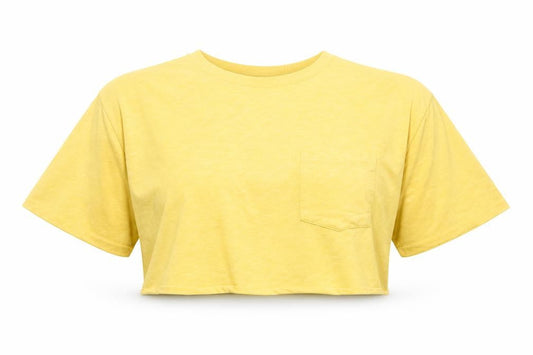 Front view of ASOS women’s yellow polyester cropped t-shirt, size UK 6, round neck