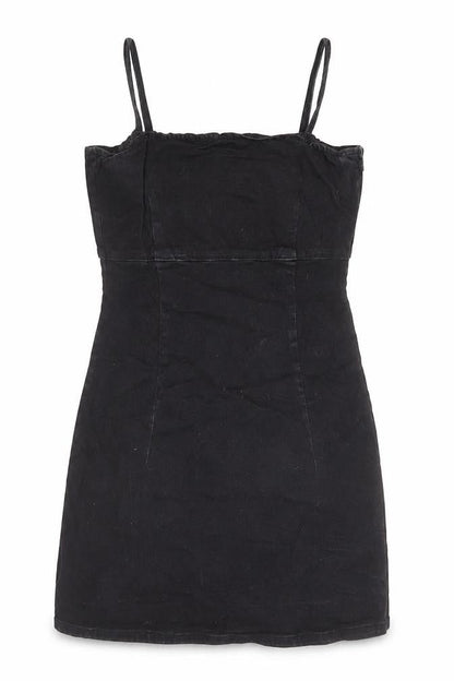 TRF Womens Black Cotton Pinafore/Dungaree Dress Size M Square Neck Zip