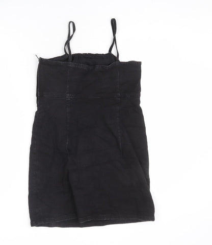 TRF Womens Black Cotton Pinafore/Dungaree Dress Size M Square Neck Zip