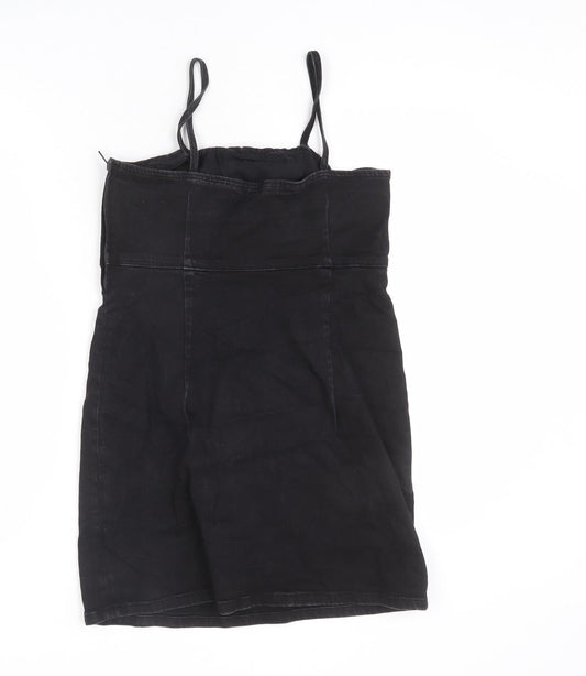TRF Womens Black Cotton Pinafore/Dungaree Dress Size M Square Neck Zip