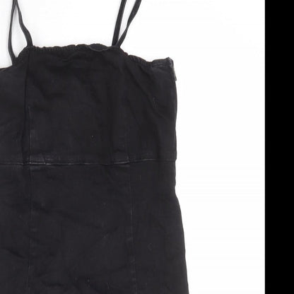 TRF Womens Black Cotton Pinafore/Dungaree Dress Size M Square Neck Zip