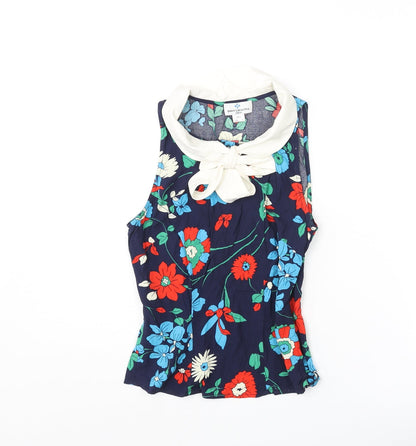 Bright and Beautiful Womens Blue Floral Cotton Basic Blouse Size 6 Collared - Neck Tie Detail