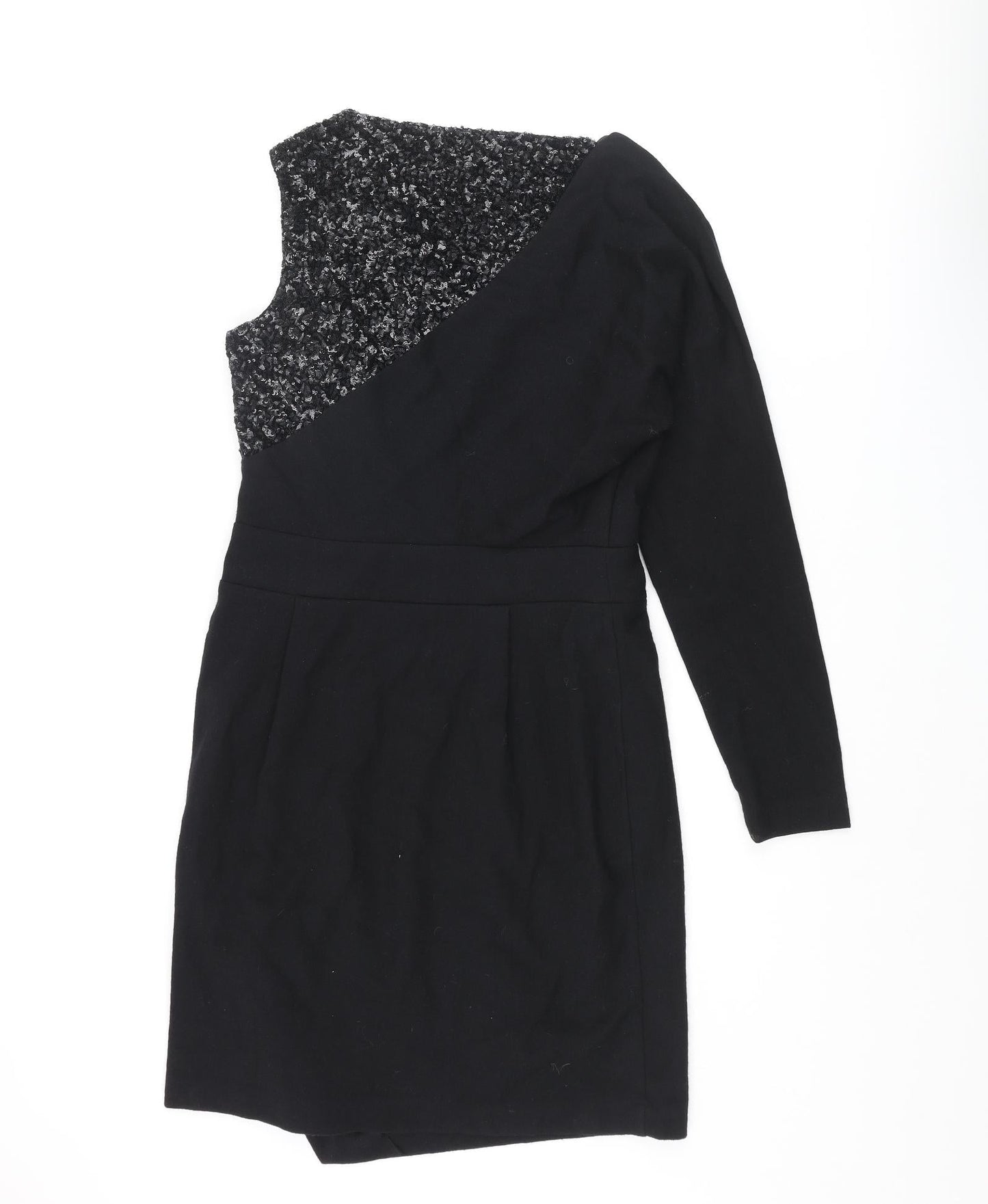 Project D Womens Black Wool Pencil Dress Size 12 One Shoulder Zip - Sequin Pleated