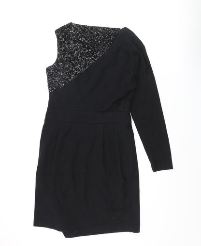 Project D Womens Black Wool Pencil Dress Size 12 One Shoulder Zip - Sequin Pleated