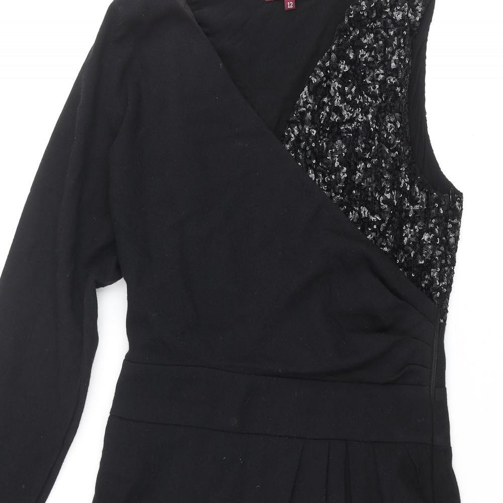 Project D Womens Black Wool Pencil Dress Size 12 One Shoulder Zip - Sequin Pleated