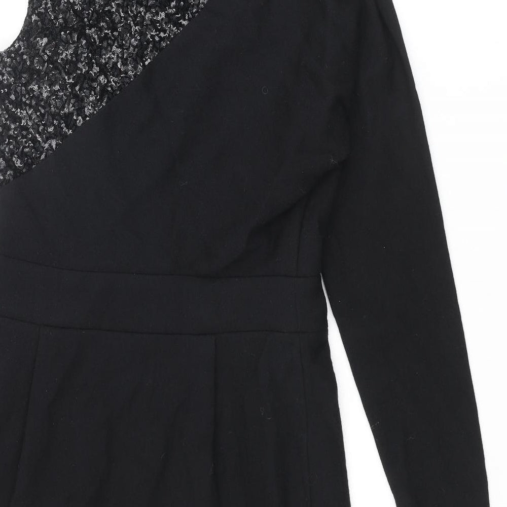 Project D Womens Black Wool Pencil Dress Size 12 One Shoulder Zip - Sequin Pleated
