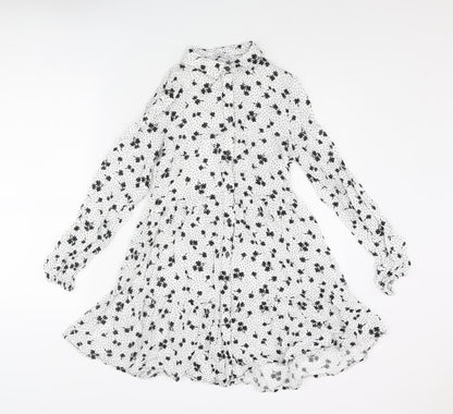 Stradivarius Womens White Geometric Viscose A-Line Size XS Collared Button - Floral Polka Dot Smocked