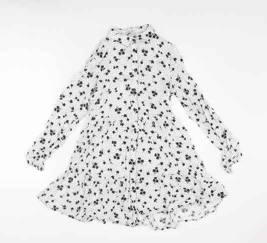 Stradivarius Womens White Geometric Viscose A-Line Size XS Collared Button - Floral Polka Dot Smocked