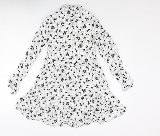 Stradivarius Womens White Geometric Viscose A-Line Size XS Collared Button - Floral Polka Dot Smocked