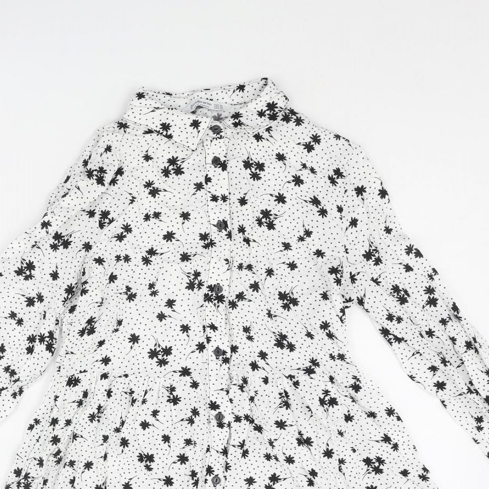 Stradivarius Womens White Geometric Viscose A-Line Size XS Collared Button - Floral Polka Dot Smocked