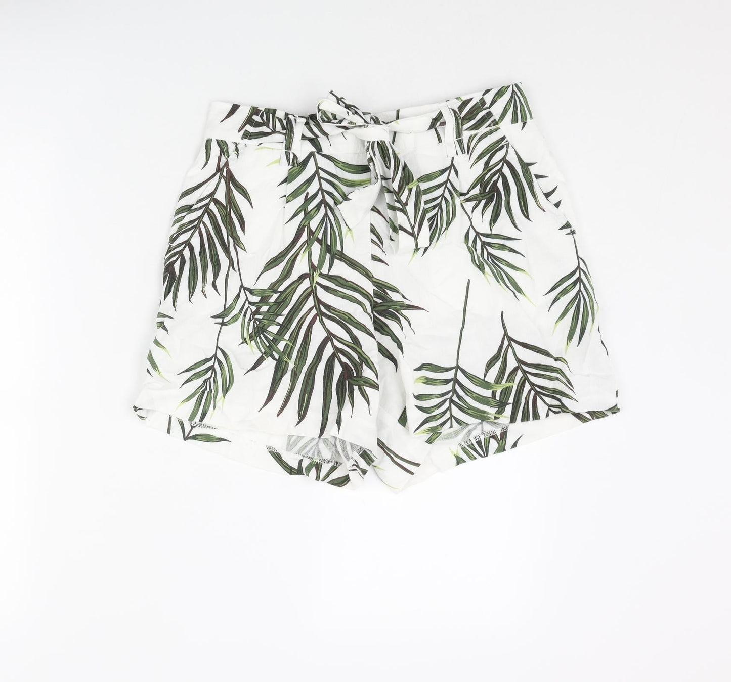Carolina Belle Womens White Geometric Viscose Paperbag Shorts Size XS L3 in Regular Pull On - Leaf Print Belted