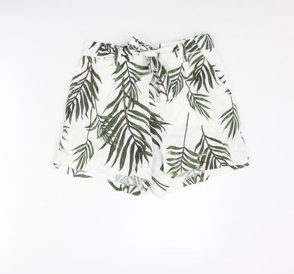 Carolina Belle Womens White Geometric Viscose Paperbag Shorts Size XS L3 in Regular Pull On - Leaf Print Belted
