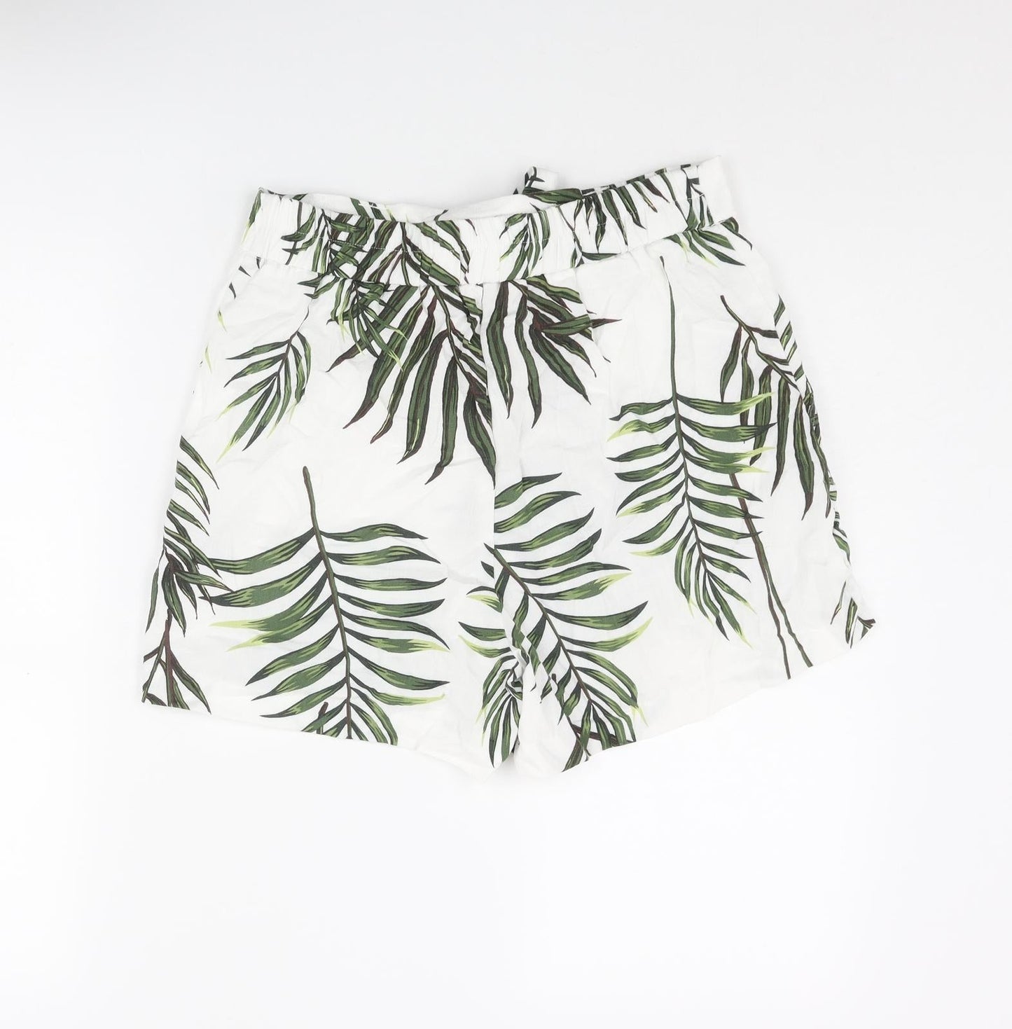 Carolina Belle Womens White Geometric Viscose Paperbag Shorts Size XS L3 in Regular Pull On - Leaf Print Belted