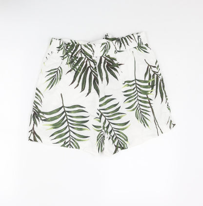 Carolina Belle Womens White Geometric Viscose Paperbag Shorts Size XS L3 in Regular Pull On - Leaf Print Belted