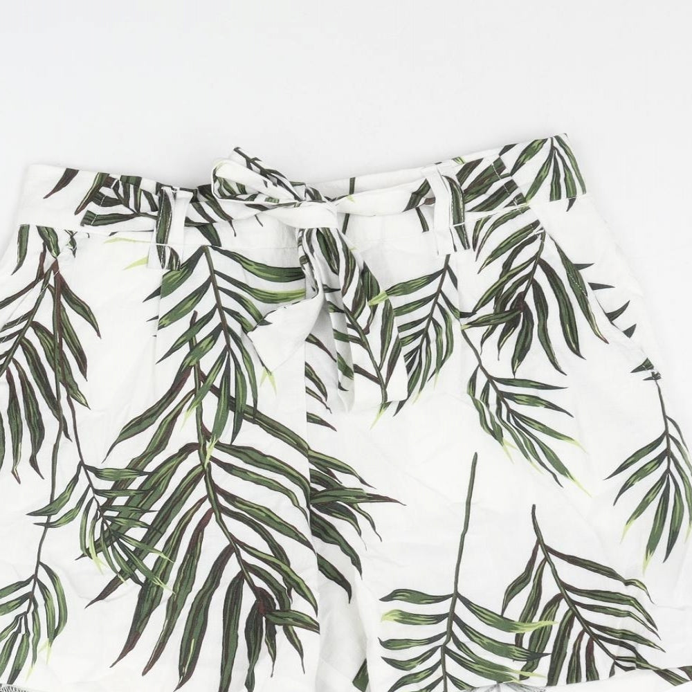 Carolina Belle Womens White Geometric Viscose Paperbag Shorts Size XS L3 in Regular Pull On - Leaf Print Belted