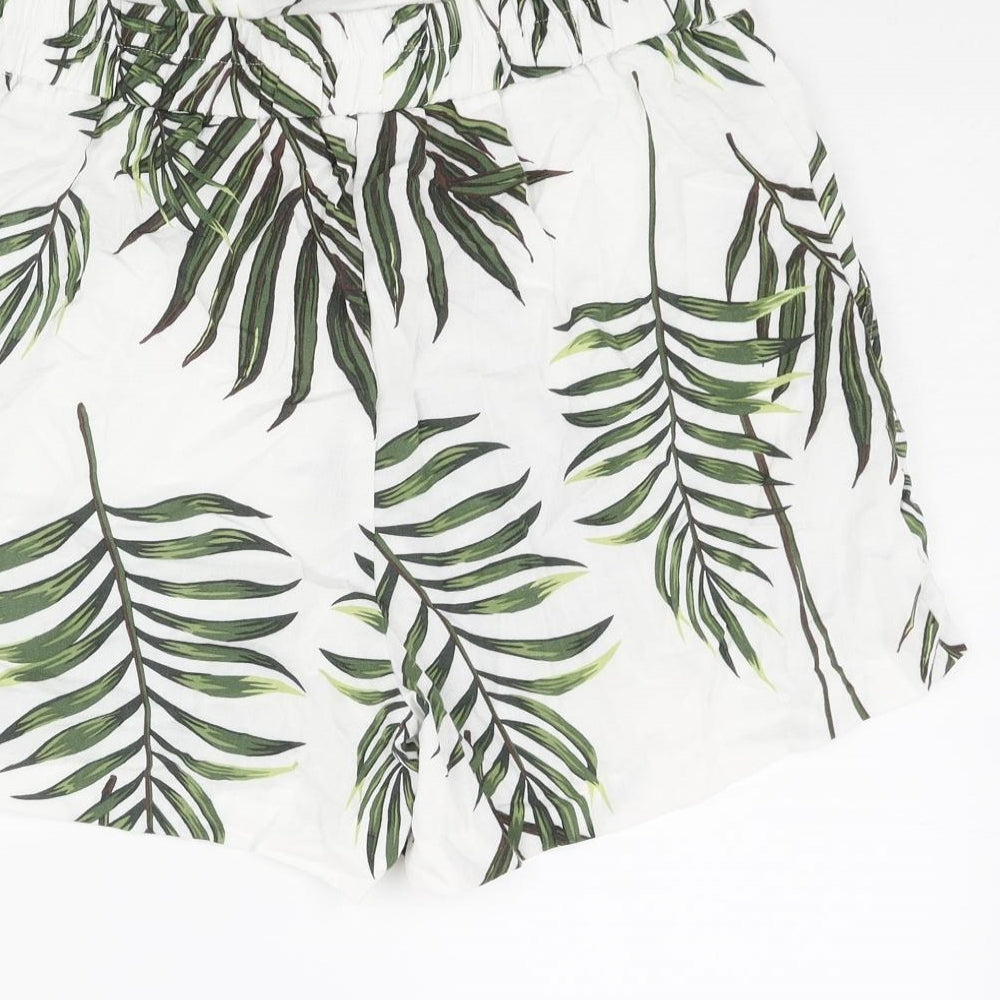 Carolina Belle Womens White Geometric Viscose Paperbag Shorts Size XS L3 in Regular Pull On - Leaf Print Belted