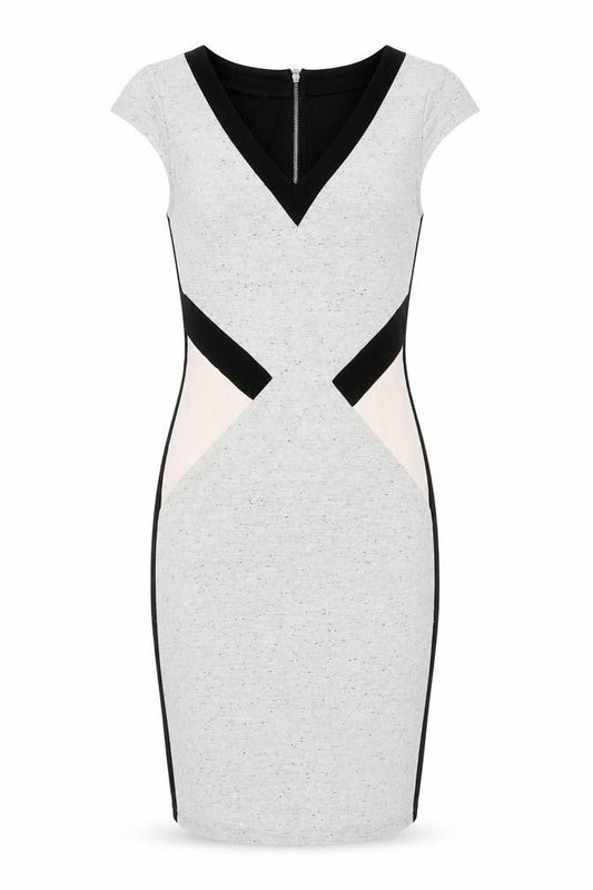 Front view of French Connection women’s multicoloured colourblock viscose bodycon, size UK 6, v-neck zip