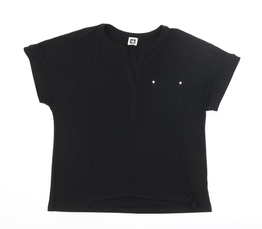 Anne Klein Womens Black Polyester Basic T-Shirt Size L V-Neck - Pocket Logo