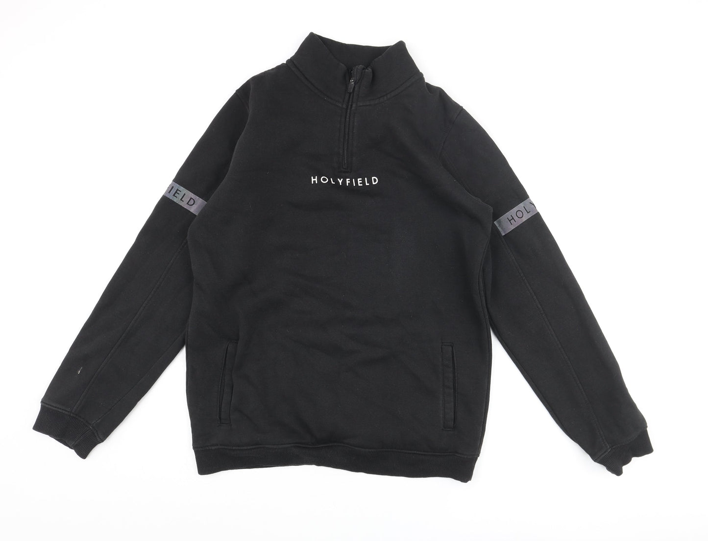 Holyfield Boys Black Cotton Pullover Sweatshirt Size 14 Years Zip - Front Logo Reflective Tape Sleeve