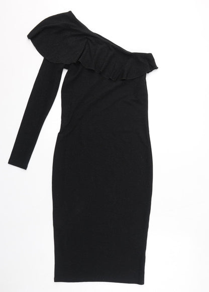 NEXT Womens Black Nylon Pencil Dress Size 8 One Shoulder Pullover - Sparkle