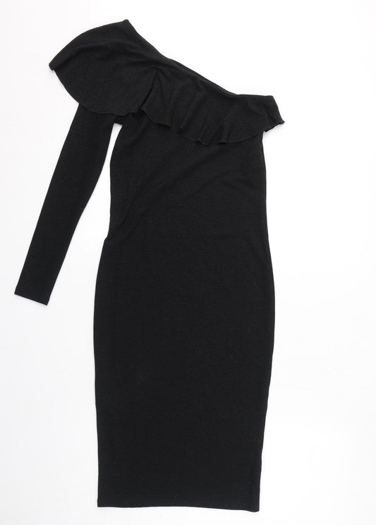 NEXT Womens Black Nylon Pencil Dress Size 8 One Shoulder Pullover - Sparkle