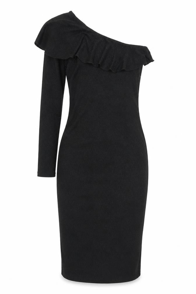 NEXT Womens Black Nylon Pencil Dress Size 8 One Shoulder Pullover - Sparkle