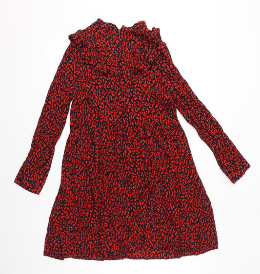 Zara Womens Red Animal Print Viscose A-Line Size S Mock Neck Zip - Leopard Pattern