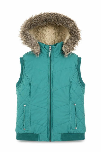 Per Una Womens Green Gilet Coat Size M Zip - Faux Fur Hood, Fleece lined, Quilted