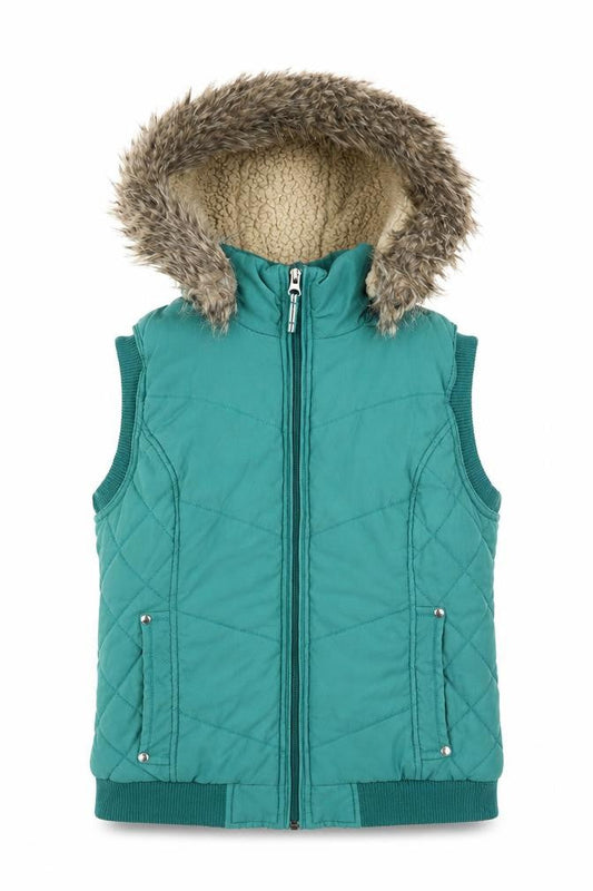Per Una Womens Green Gilet Coat Size M Zip - Faux Fur Hood, Fleece lined, Quilted