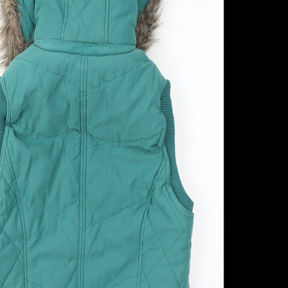 Per Una Womens Green Gilet Coat Size M Zip - Faux Fur Hood, Fleece lined, Quilted