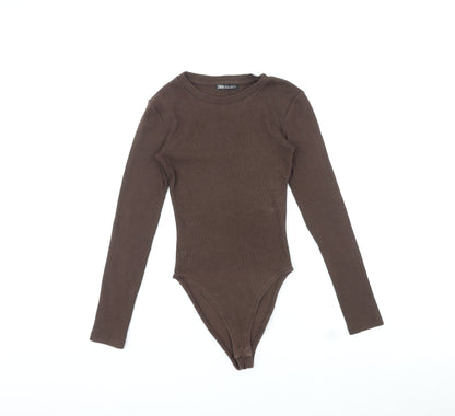 Zara Womens Brown Polyester Bodysuit One-Piece Size S Snap