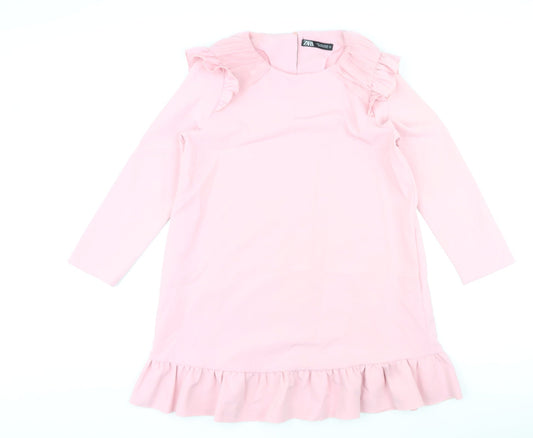 Zara Womens Pink Polyester Shift Size M Round Neck Button - Pleated Sleeves and Hem
