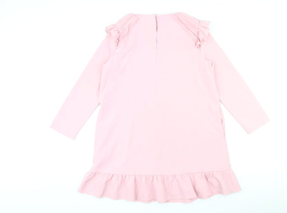 Zara Womens Pink Polyester Shift Size M Round Neck Button - Pleated Sleeves and Hem