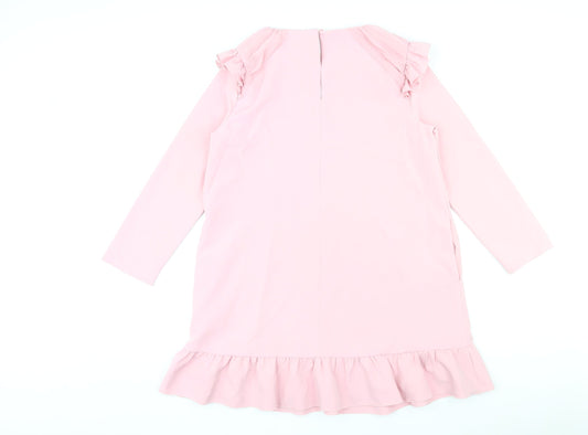 Zara Womens Pink Polyester Shift Size M Round Neck Button - Pleated Sleeves and Hem