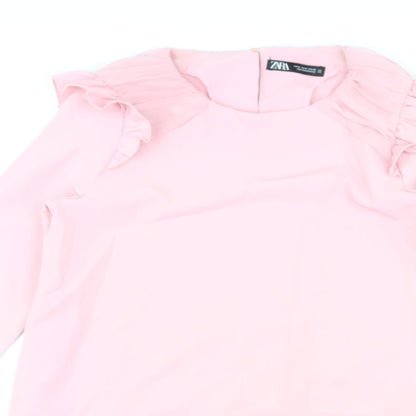 Zara Womens Pink Polyester Shift Size M Round Neck Button - Pleated Sleeves and Hem