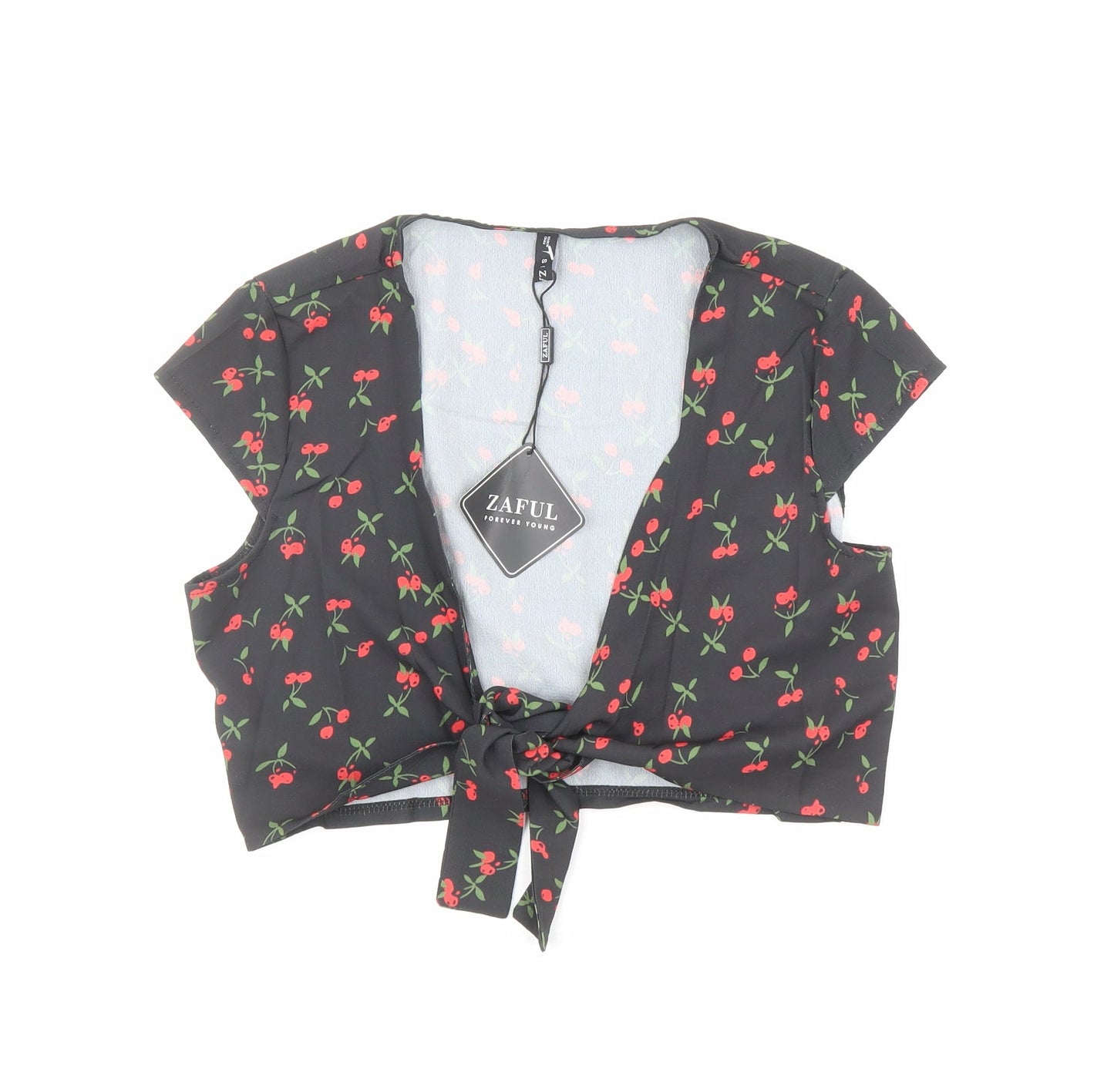 Zaful Womens Black Geometric Polyester Basic Blouse Size 8 V-Neck - Cherry Print