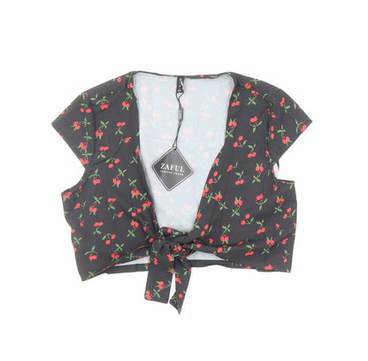 Zaful Womens Black Geometric Polyester Basic Blouse Size 8 V-Neck - Cherry Print