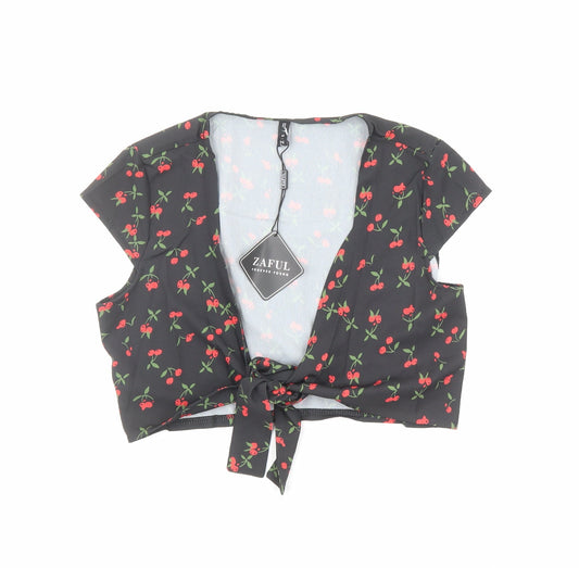 Zaful Womens Black Geometric Polyester Basic Blouse Size 8 V-Neck - Cherry Print