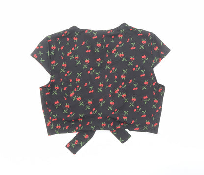 Zaful Womens Black Geometric Polyester Basic Blouse Size 8 V-Neck - Cherry Print